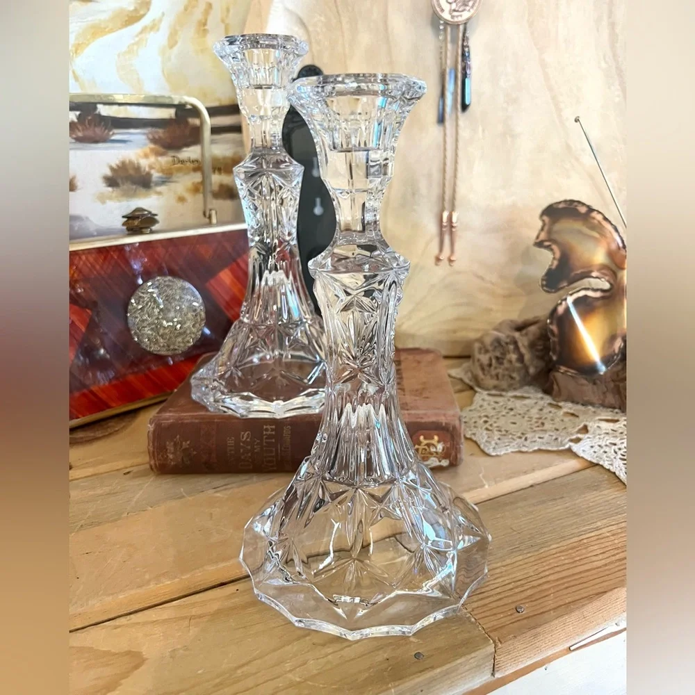 Vintage Set of Two Etched Cut Clear Glass Stunning Candlestick Holders